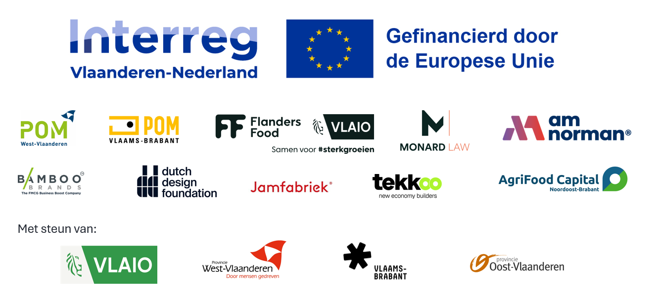Logo's van Interreg Vlaanderen-Nederland, gefinancierd door de Europese Unie, van de tien projectpartners van New Food Business en van de cofinanciers VLAIO, provincie West-Vlaanderen, Vlaams-Brabant en provincie Oost-Vlaanderen