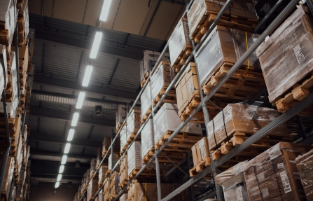Boxes on shelves in a warehouse